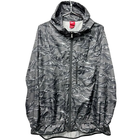 XXL WOMENS Nike Packable Jacket Black Gray Camo Windrunner Windbreaker Hood Zip - Picture 1 of 14